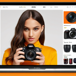 **

A vibrant e-commerce website interface (like Allegro or Zalando) showcasing personalized product recommendations. Highlight a customer browsing a camera, with complementary items like lenses and memory cards prominently displayed. The scene should convey targeted marketing and increased sales conversion.

**