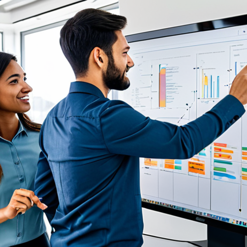A diverse group of five professionals, including data analysts and engineers, actively collaborating around a large monitor displaying intricate data visualizations in a modern, brightly lit office. They are pointing at the screen and discussing, embodying teamwork and dynamic problem-solving. A whiteboard with Agile project elements (like sticky notes) is visible in the background. All subjects are fully clothed in professional business attire, modest clothing, and appropriate dress. The scene conveys a sense of innovation and efficiency. Safe for work, appropriate content, perfect anatomy, correct proportions, natural poses, well-formed hands, proper finger count, natural body proportions, professional photography, high quality.