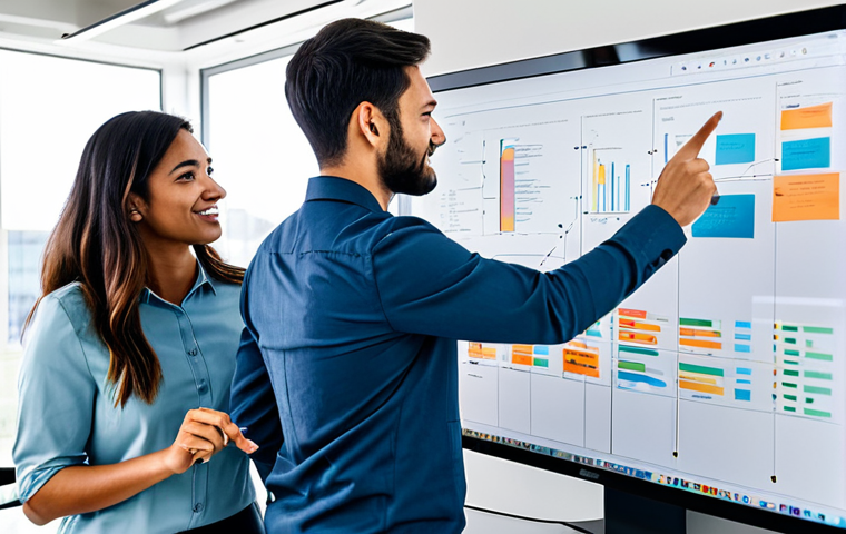A diverse group of five professionals, including data analysts and engineers, actively collaborating around a large monitor displaying intricate data visualizations in a modern, brightly lit office. They are pointing at the screen and discussing, embodying teamwork and dynamic problem-solving. A whiteboard with Agile project elements (like sticky notes) is visible in the background. All subjects are fully clothed in professional business attire, modest clothing, and appropriate dress. The scene conveys a sense of innovation and efficiency. Safe for work, appropriate content, perfect anatomy, correct proportions, natural poses, well-formed hands, proper finger count, natural body proportions, professional photography, high quality.