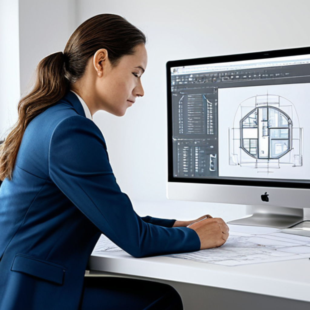 ** A professional architect in a modern, well-lit office, reviewing blueprints. She is wearing a stylish yet modest business suit. Background includes architectural models and computer monitors displaying CAD software. Perfect anatomy, well-formed hands, fully clothed, appropriate attire, professional, safe for work, family-friendly.
**