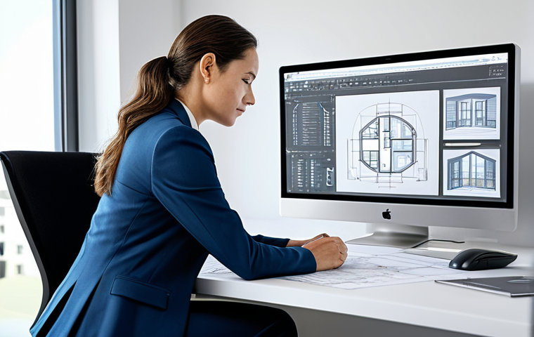 ** A professional architect in a modern, well-lit office, reviewing blueprints. She is wearing a stylish yet modest business suit. Background includes architectural models and computer monitors displaying CAD software. Perfect anatomy, well-formed hands, fully clothed, appropriate attire, professional, safe for work, family-friendly.
**
