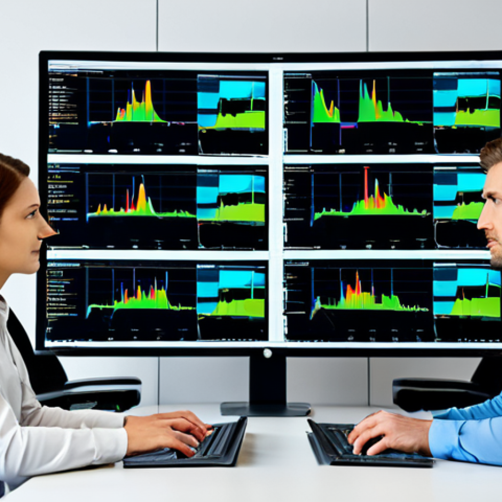 빅데이터 실무에서의 하둡 활용 - "A data scientist in a modern office, analyzing Hadoop data visualizations on multiple monitors, ful...