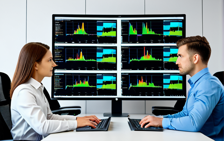 빅데이터 실무에서의 하둡 활용 - "A data scientist in a modern office, analyzing Hadoop data visualizations on multiple monitors, ful...