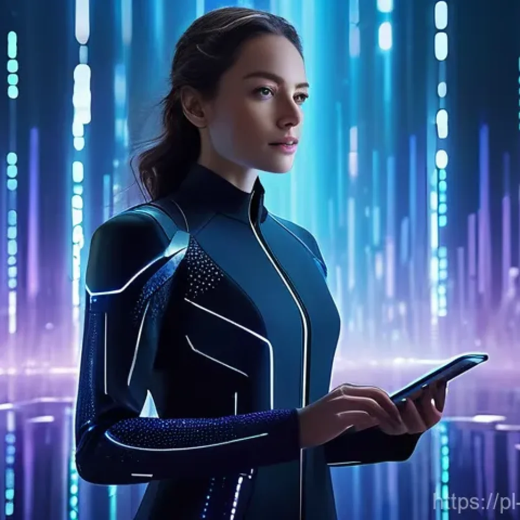 빅데이터 실무에서 데이터 수집 기술 사례 - A fully clothed, determined young woman, wearing a sleek, futuristic, long-sleeved tech suit, stands...