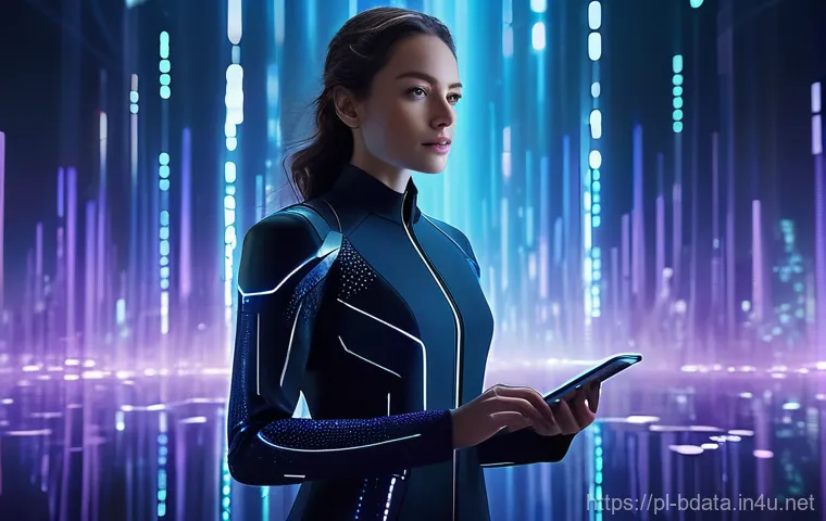 빅데이터 실무에서 데이터 수집 기술 사례 - A fully clothed, determined young woman, wearing a sleek, futuristic, long-sleeved tech suit, stands...