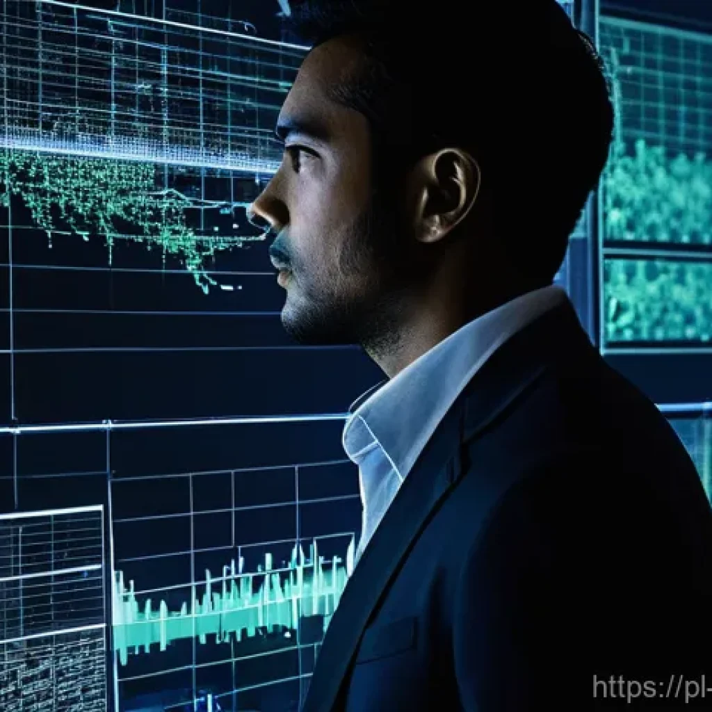 빅데이터 기술자의 직업윤리 가이드 - **Prompt:** A thoughtful data analyst, male or female in their mid-30s, stands in a modern, dimly li...