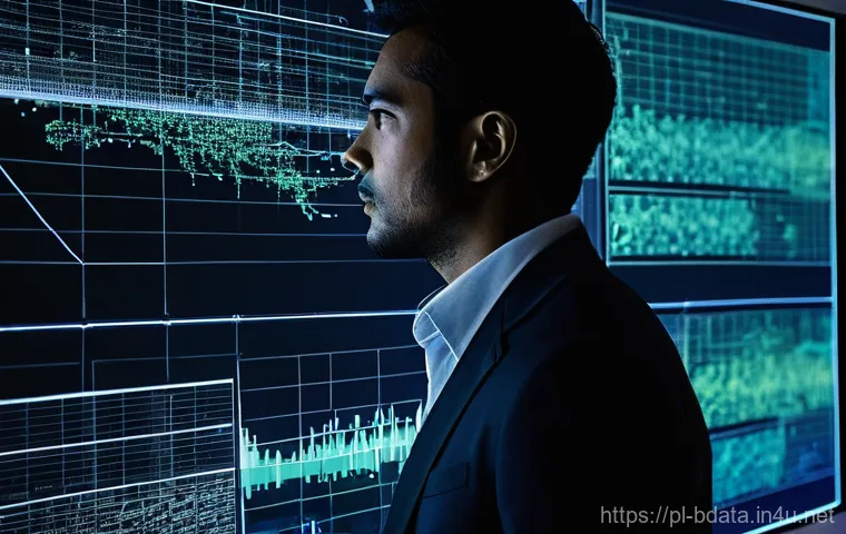 빅데이터 기술자의 직업윤리 가이드 - **Prompt:** A thoughtful data analyst, male or female in their mid-30s, stands in a modern, dimly li...