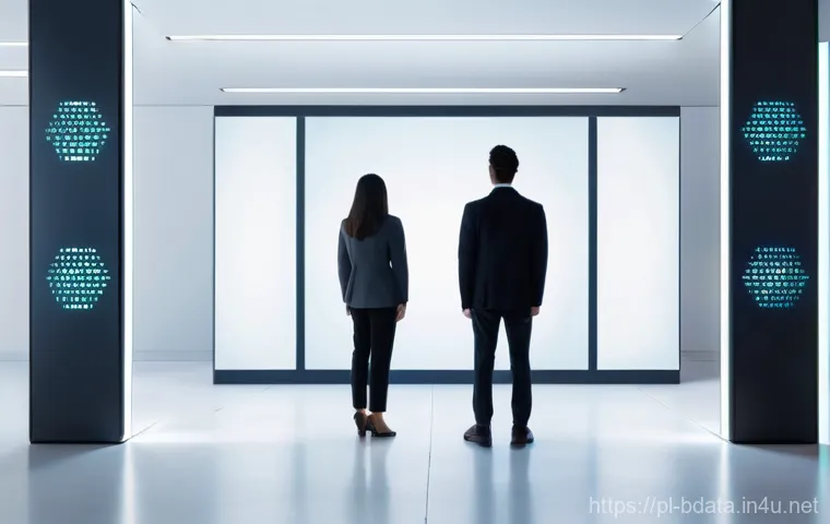 빅데이터 기술자의 직업윤리 가이드 - **Prompt:** A thoughtful data analyst, male or female in their mid-30s, stands in a modern, dimly li...