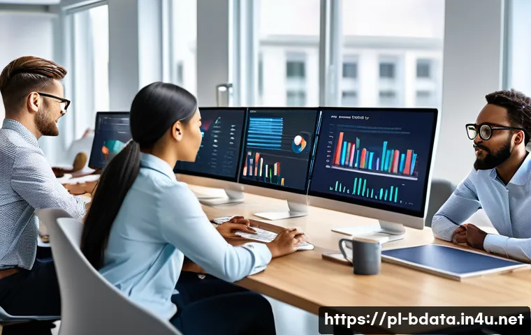 빅데이터 기술자의 프로젝트 실패 방지 전략 - A modern office environment showing a diverse team of professionals collaborating on a big data proj...