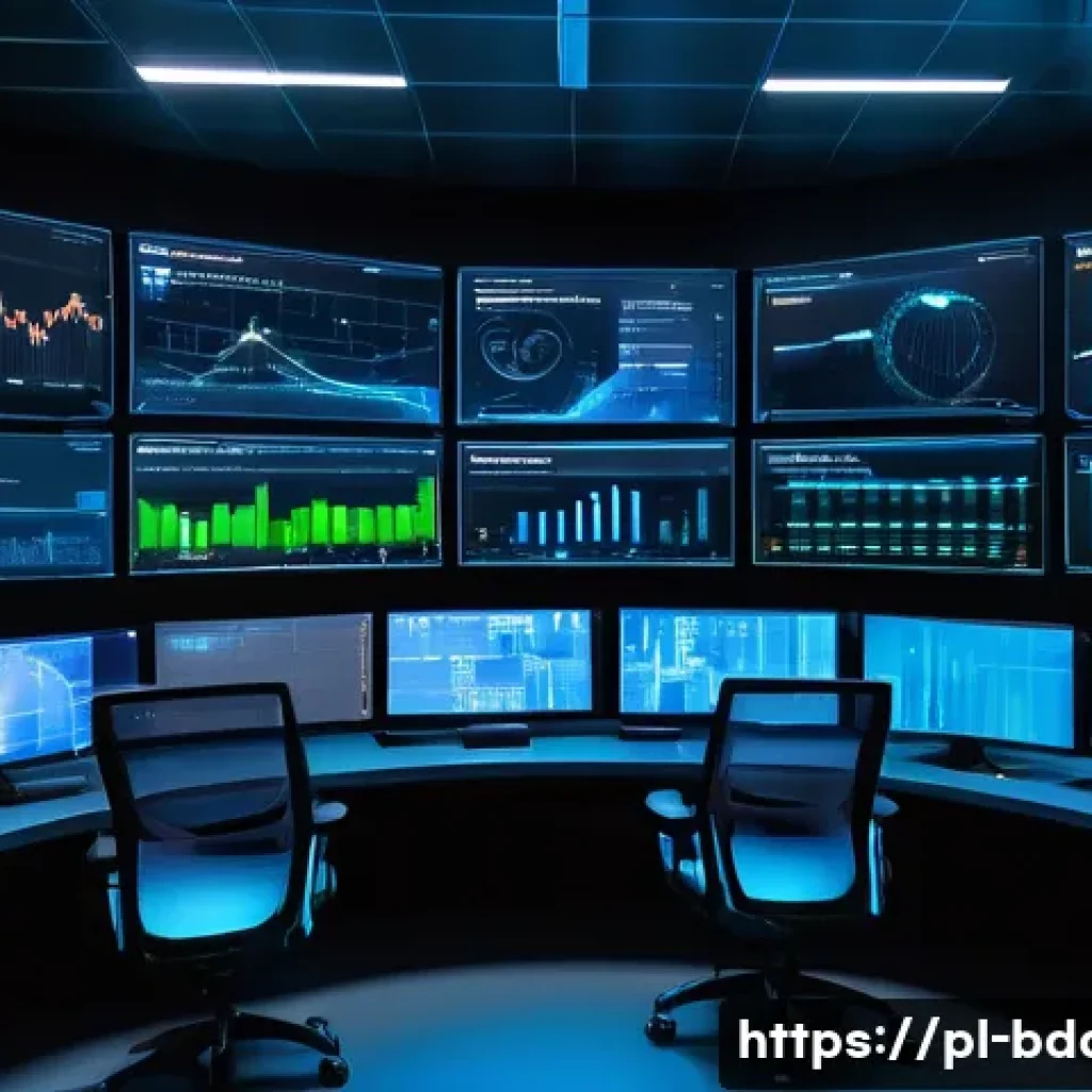 빅데이터 실무에서 데이터 전송 성공 사례 - A modern data center control room with multiple large screens displaying real-time data transmission...