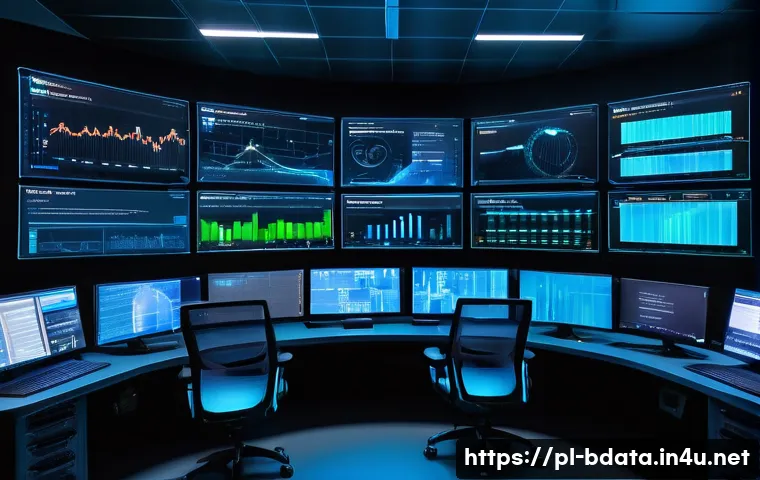 빅데이터 실무에서 데이터 전송 성공 사례 - A modern data center control room with multiple large screens displaying real-time data transmission...
