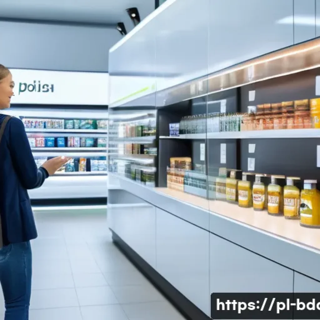 빅데이터와 인공지능 활용 성공 사례 - A modern Polish retail store environment showcasing advanced big data and AI technology integration:...