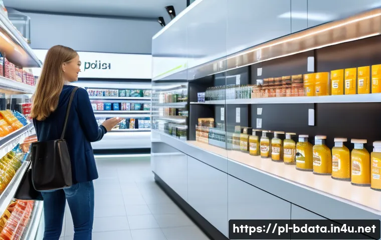 빅데이터와 인공지능 활용 성공 사례 - A modern Polish retail store environment showcasing advanced big data and AI technology integration:...