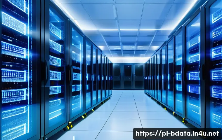 빅데이터 실무와 데이터 복구 기술 - A modern data center interior in Poland, featuring rows of advanced servers with blinking LED lights...
