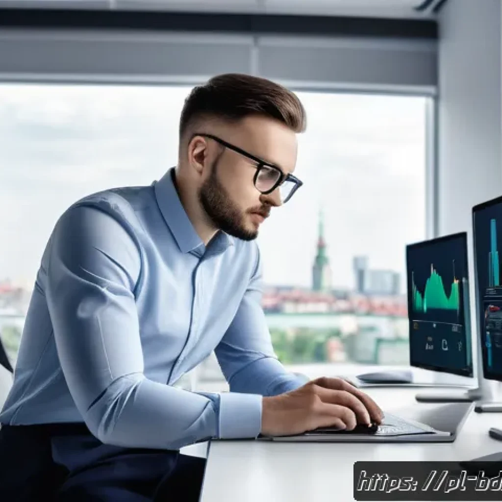 빅데이터 기술자의 분석 기법 개선 사례 - A modern Polish data analyst office scene showing a young professional using multiple screens displa...