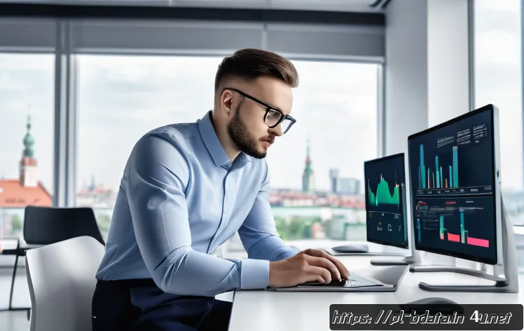 빅데이터 기술자의 분석 기법 개선 사례 - A modern Polish data analyst office scene showing a young professional using multiple screens displa...