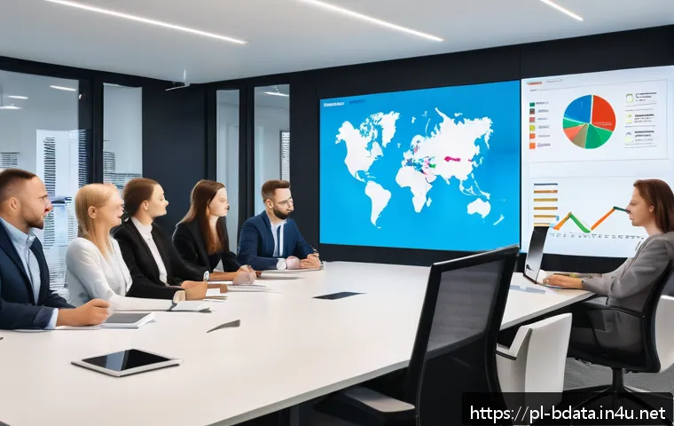 빅데이터 실무와 데이터 모델링 기술 - A modern corporate office scene showing a diverse team of professionals engaged in a data-driven dec...