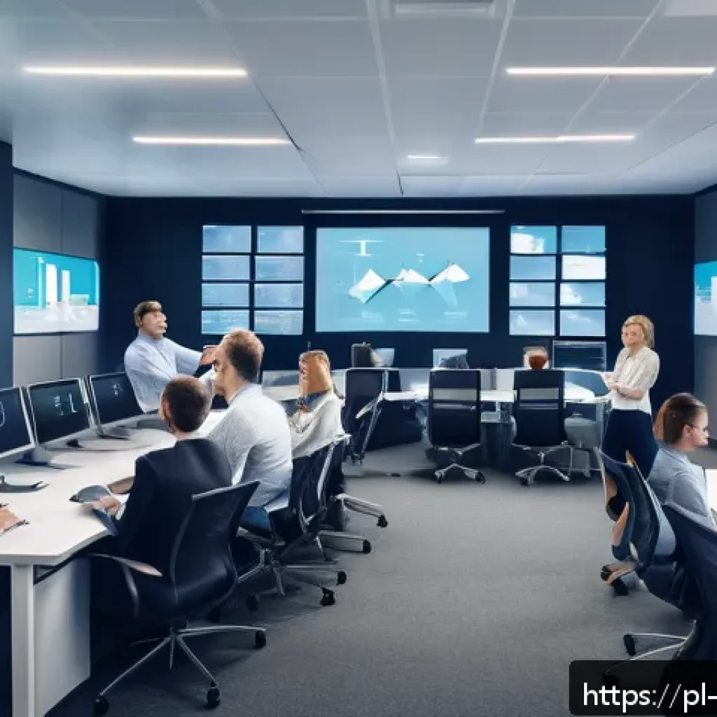 빅데이터 실무에서 데이터 연계 기술 - A modern office scene depicting a diverse team of IT professionals collaborating on hybrid cloud and...