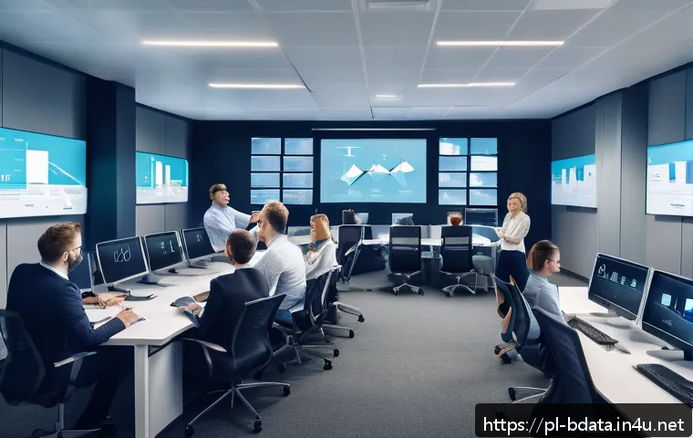 빅데이터 실무에서 데이터 연계 기술 - A modern office scene depicting a diverse team of IT professionals collaborating on hybrid cloud and...