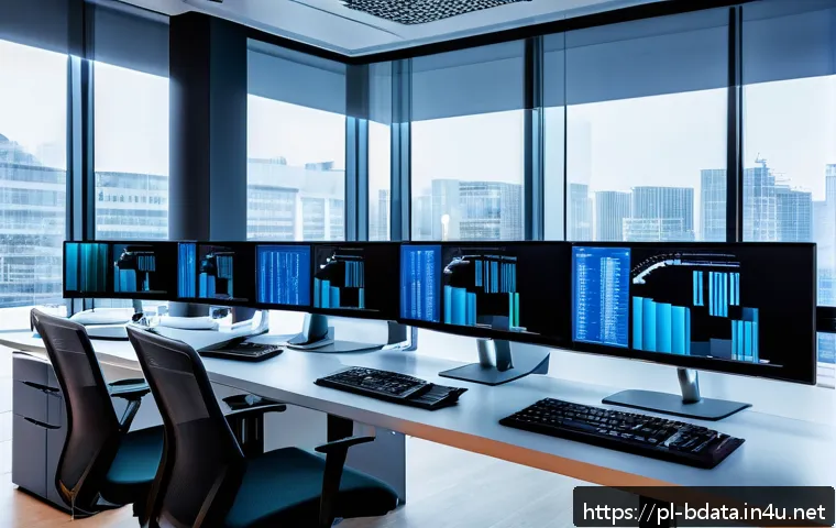 빅데이터 필수 SQL 쿼리 모음 - A modern data analyst workspace featuring multiple large monitors displaying complex SQL queries and...