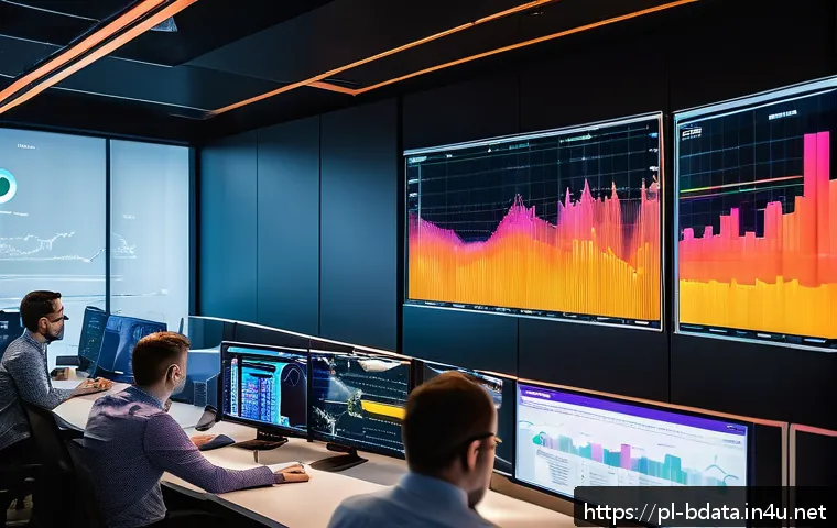 빅데이터 실무에서 활용하는 로그 분석 방법 - A high-tech data operations center with multiple large interactive dashboards displaying colorful he...