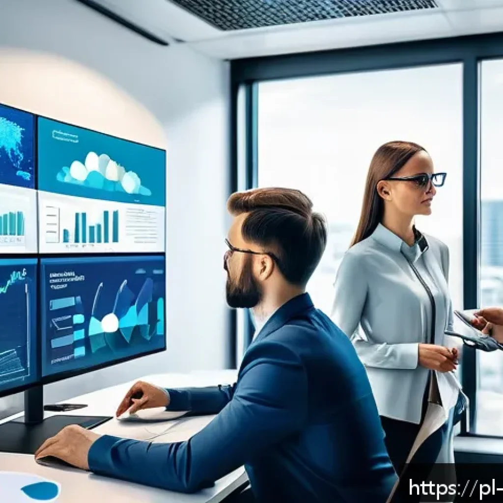 빅데이터 실무에서 데이터 거버넌스의 역할 - A modern office scene showing a diverse team of professionals collaborating around a large digital s...