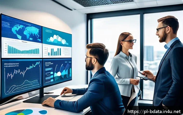 빅데이터 실무에서 데이터 거버넌스의 역할 - A modern office scene showing a diverse team of professionals collaborating around a large digital s...