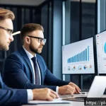 빅데이터 기술자와 데이터 시각화 소프트웨어 - A modern Polish office environment showing a diverse team of business professionals analyzing intera...