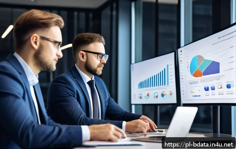 빅데이터 기술자와 데이터 시각화 소프트웨어 - A modern Polish office environment showing a diverse team of business professionals analyzing intera...