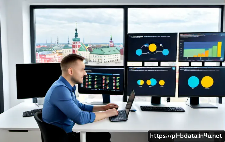 빅데이터 기술자와 다양한 데이터베이스 비교 - Photorealistic Polish big data specialist in a modern Warsaw office, seated at a clean desk with thr...