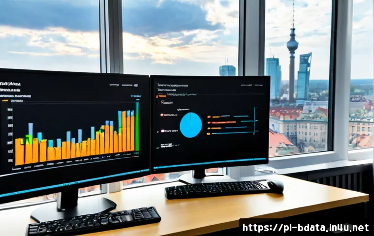 Home 17 빅데이터 실무에서 로컬 및 클라우드 데이터 활용 - Photorealistic modern data analyst workspace in Warsaw, Poland, a Polish professional comparing a co...