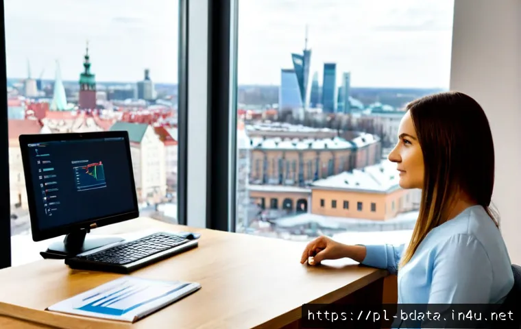 Home 17 빅데이터 현업 기술자와의 인터뷰 - Photorealistic editorial interview in a modern Warsaw data analytics office, experienced Polish big ...